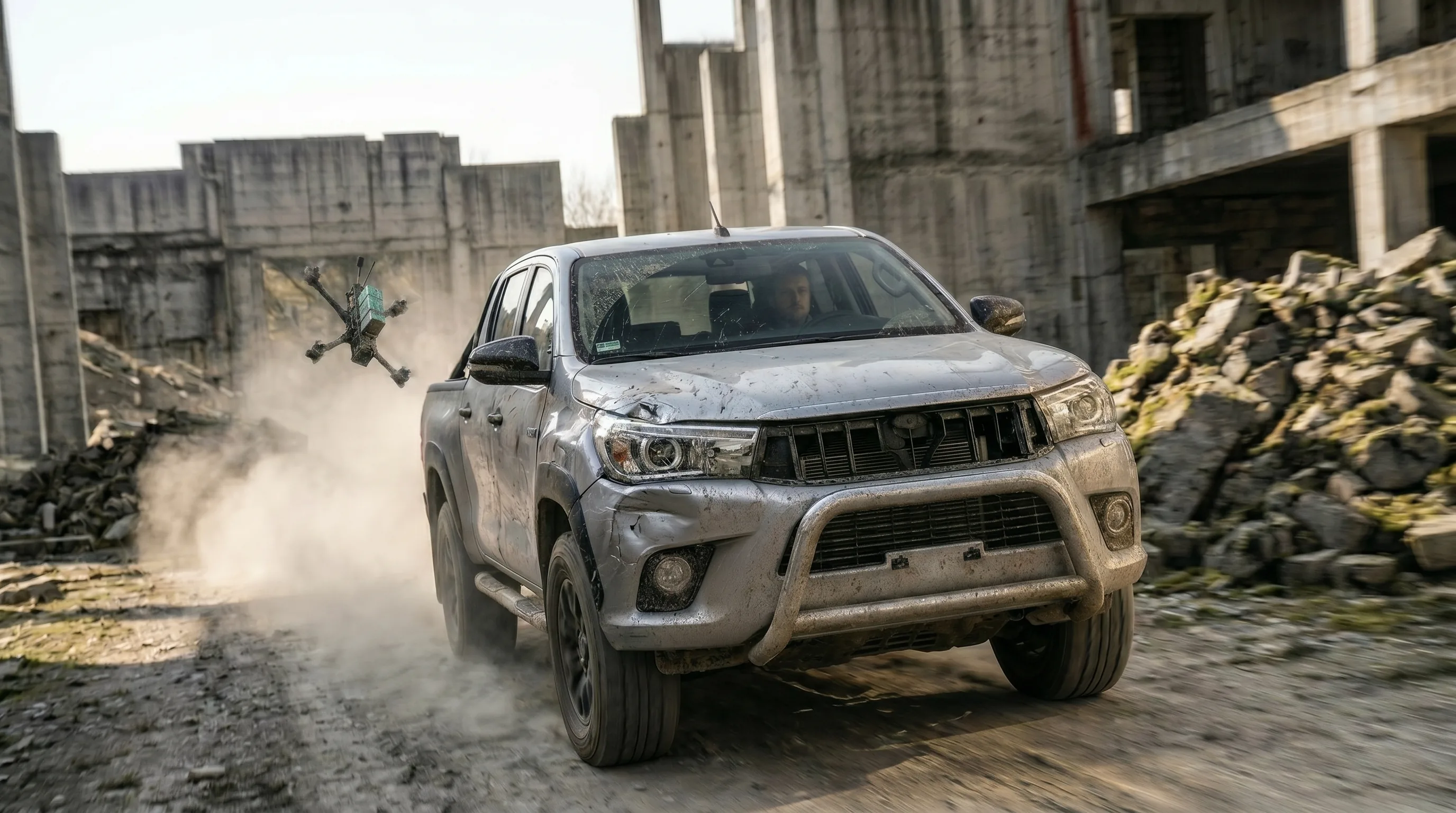 An FPX quadcopter tracking a vehicle across contested ground
